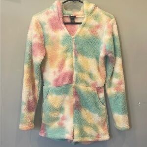 Colorful Tie-Dye Fleece Zip-Up Romper hooded